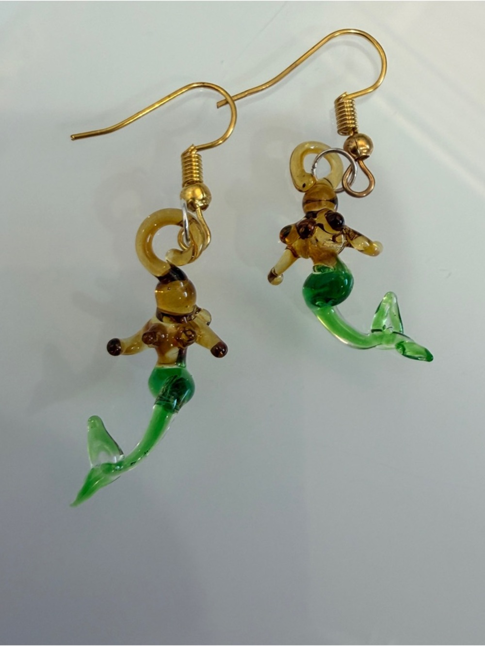 Handmade Glass Mermaid Drop Earrings - Green & Amber